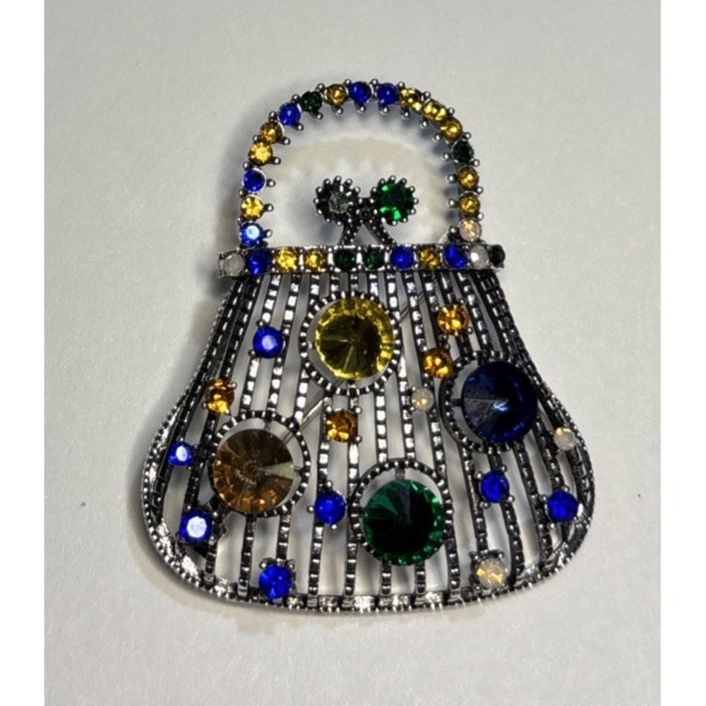Handbag Purse Brooch Multicolor Rhinestones Silver Tone Statement Pin 2"